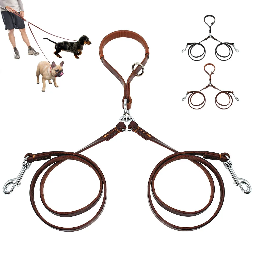 2 Ways Dog Leash Double Two Pet Leather Leads NoTangle Coupler With Handle for Walking and Training 1005005496592085