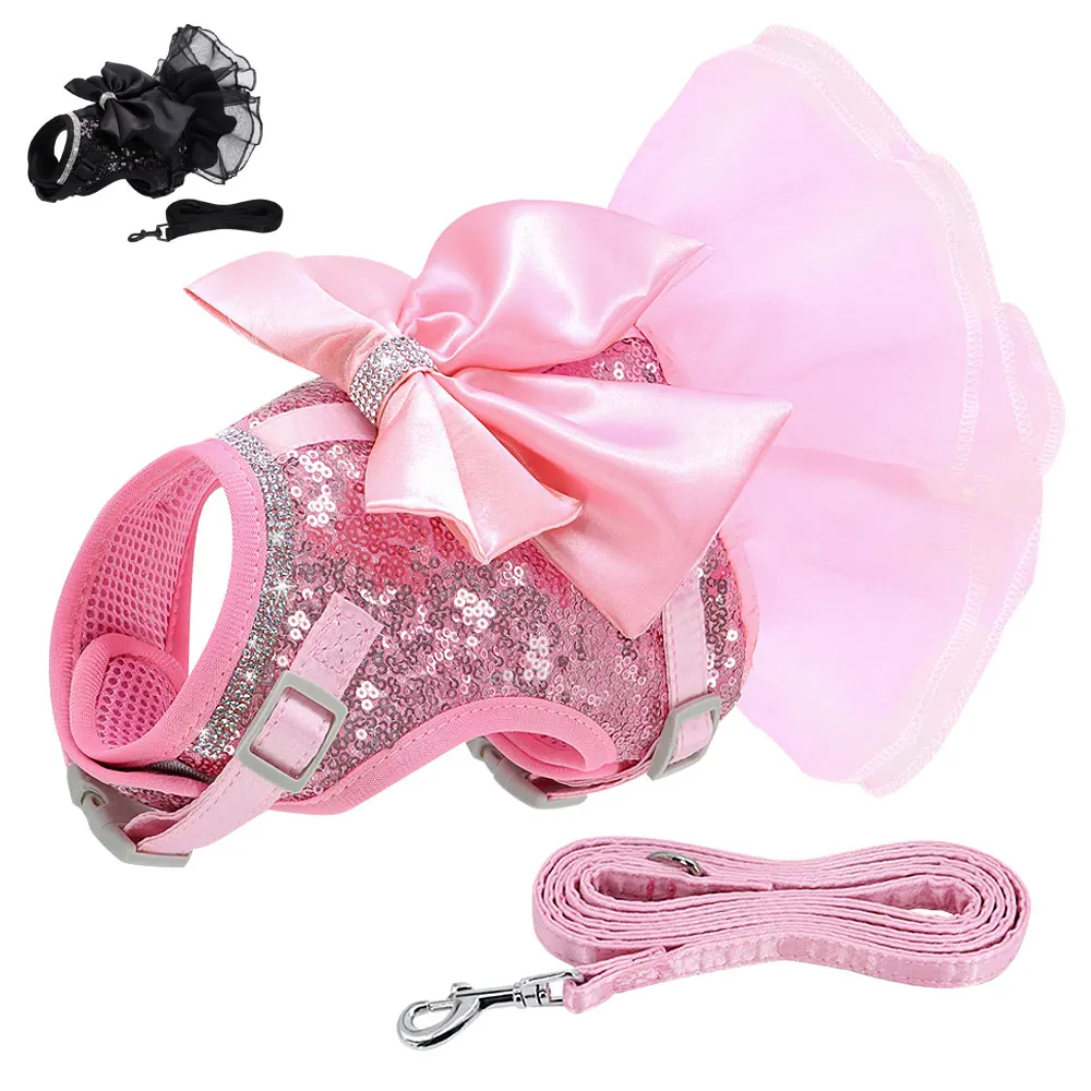 Bowknot Cat Dog Harness Leash Set Lace Crystal Puppy Vest 150cm Lead Nylon Breathable Kitten 1005005633067823