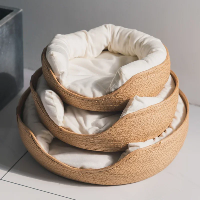 Pet Cat Mat Dog Bed Sofa Handmade Bamboo Weaving Four Season Cozy Nest Baskets Waterproof Removable 1005005788979994