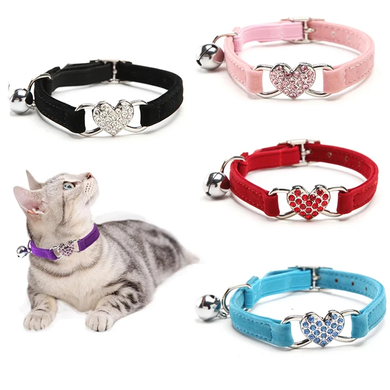 Heart Charm And Bell Cat Collar Safety Elastic Adjustable With Soft Velvet Material 8 Colors Pet 1005005931863732