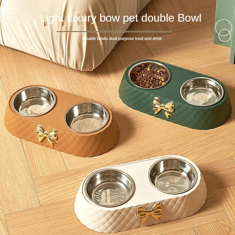Pet Supplies Bow-tie Bowknot Cats Food Bowl PP Base Dog Bowl Stainless Steel Double Pet Accessories 1005006251472390