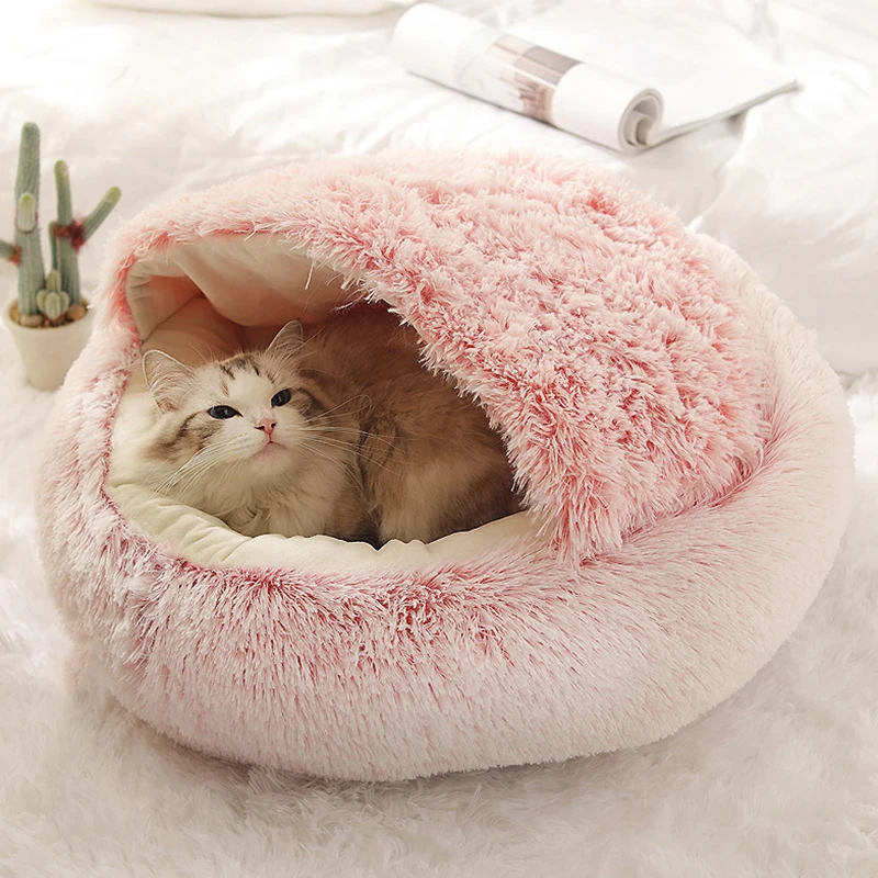 Soft Plush Pet Bed with Cover Round Cat Bed Pet Mattress Warm Cat Dog Sleeping Nest Cave for Small 1005006682861479