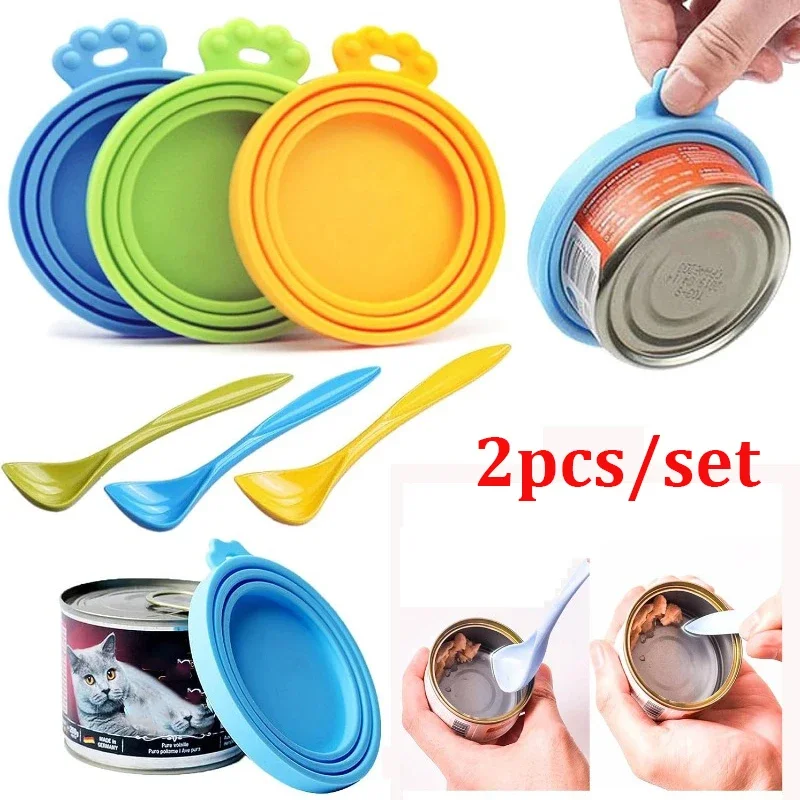 2pcs/set Reusable Pet Food Can Cover Silicone Dogs Cats Storage Tin Cap Lid Seal Cover with Spoon 1005007314447508