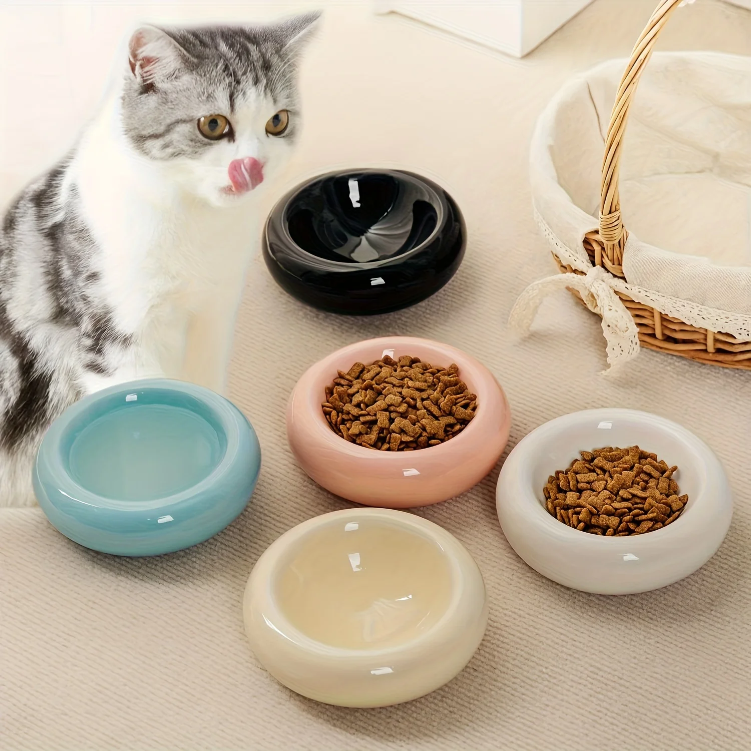 Cat Bowl Ceramic Cat Bowl Dish Pet Bowl Donut Shape Cat Food Bowl Anti-Fall Flip Bowl Non-slip 1005007336712671