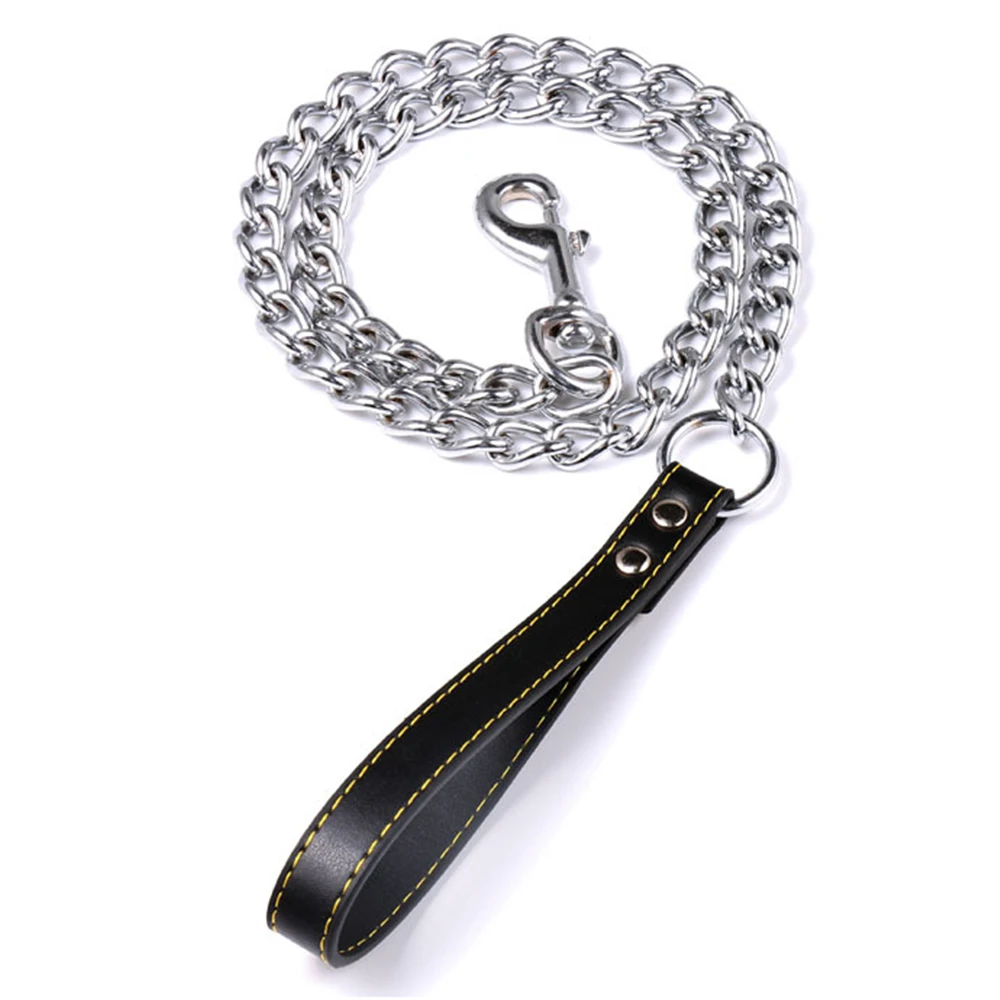 Metal Chain Dog Leash Leather Handle dog collar Dog walking rope Pets Supplies Durable strong 1005007350415814