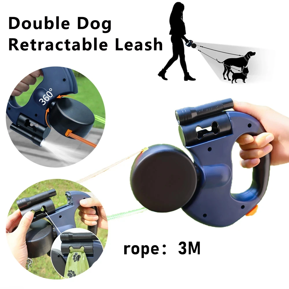 Retractable Dual Doggie Leash with LED Light 360 Swivel No Tangle for Each Dog Independent Braking 1005008564058105