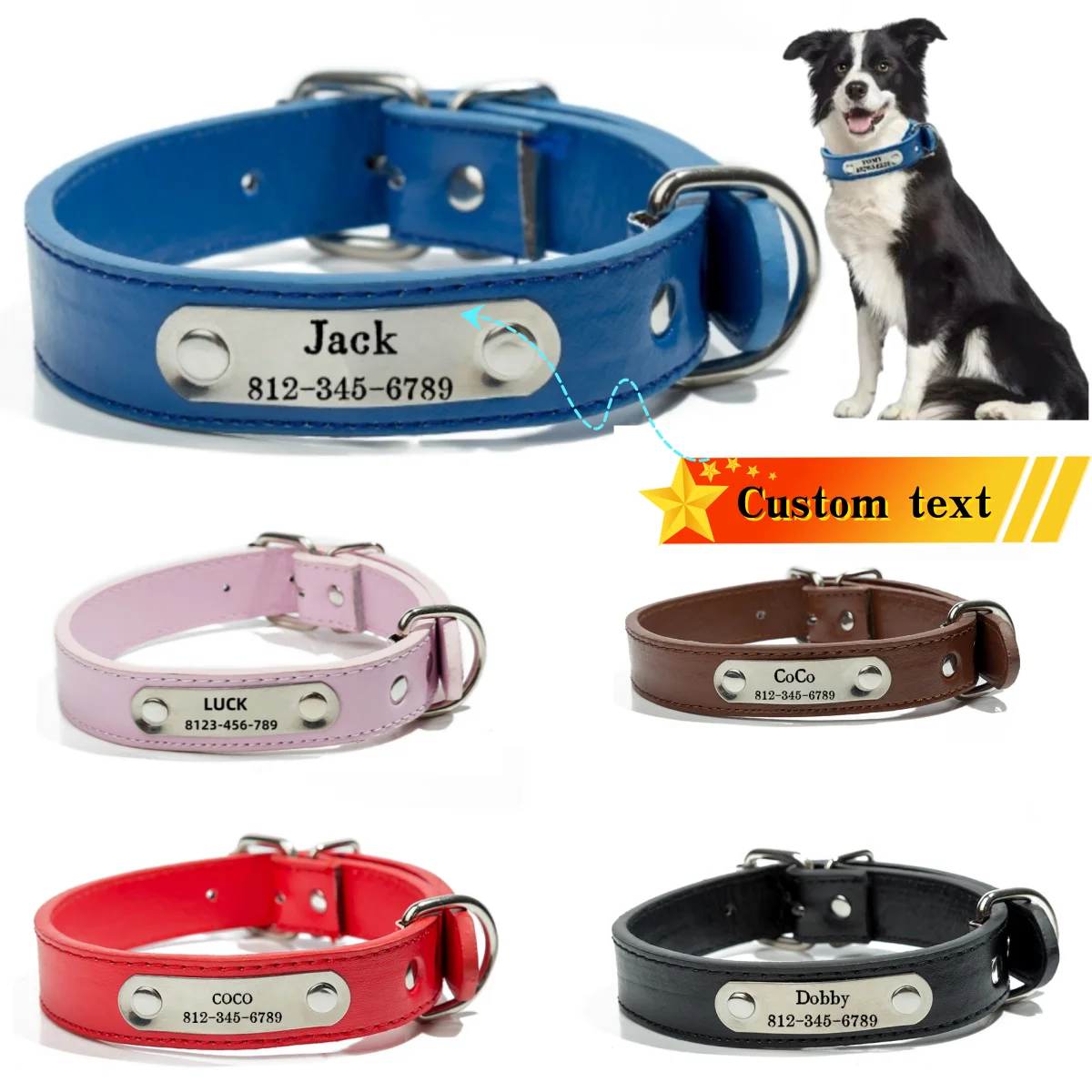 Personalized Name Carved Dog Collar ID Tag Anti-Lost Solid PU Leather Collar for Small Medium Large 1005008627053564