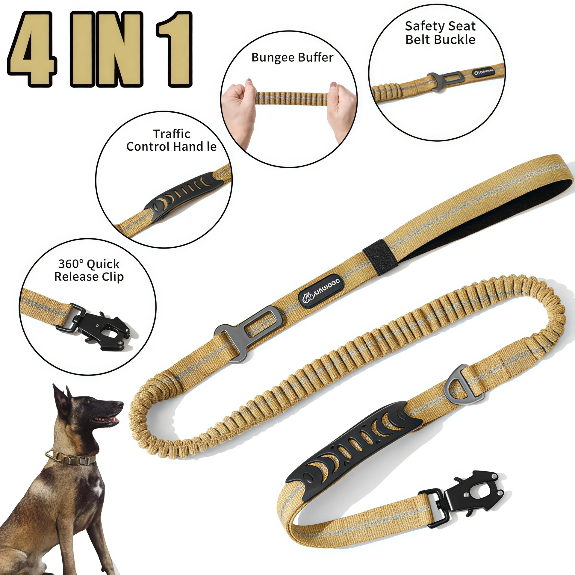 Reflective Shock Absorbing Pet Dog Leash with Car Seatbelt for Large Dogs Heavy Duty Tactical 1005008659238333