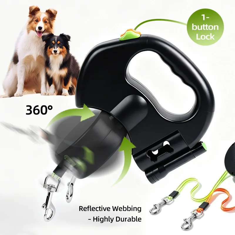 Auto Retractable Double-Ended Dog Leash 3m with LED Flashlight Waste Bag Box Roulette 360 Degree 1005008673234017