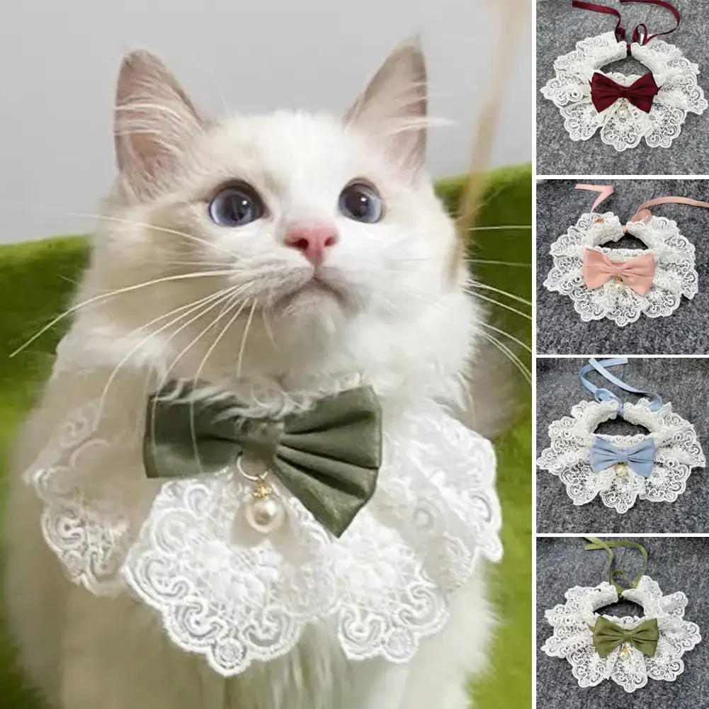Lace Bowknot Pearl Collar Cat Dog Neckerchief Pet Cats Kitten Dog Puppy String Bib Necklace Necktie 1005008706791100