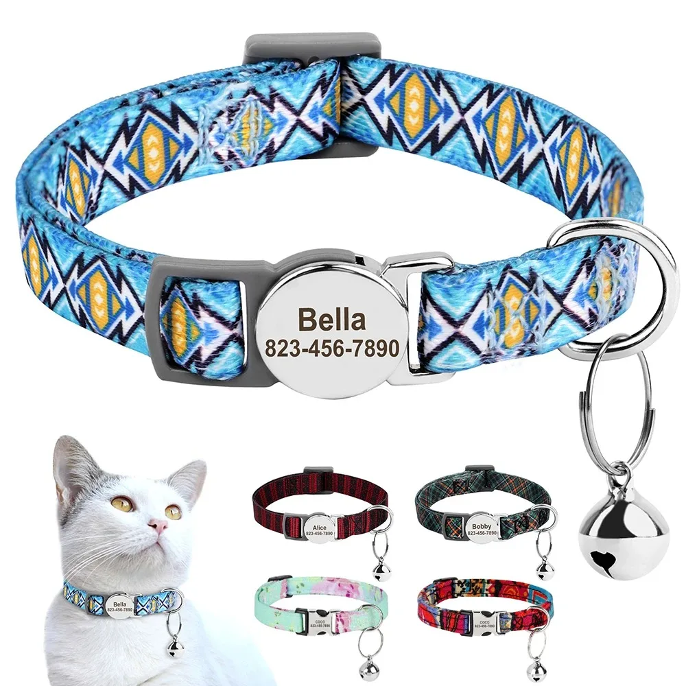 Free Engraved ID Nameplate Bell Anti-Lost Soft Paddedcats Collars Personalized Printed Cat Collar 1005009004876578
