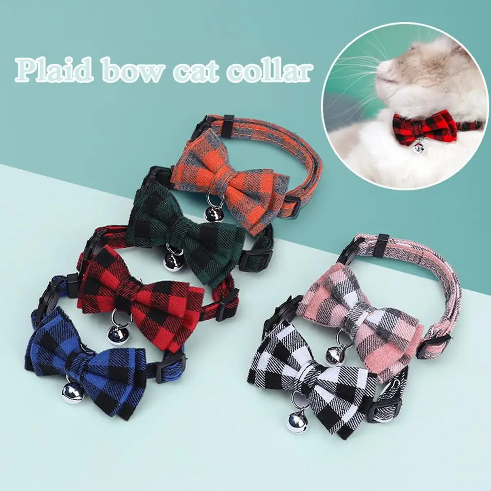 Adjustable Dog Collar Cat Pet Supplies Kitten Neck Strap Bell Plaid Safety Buckle Bowknot Necklace 1005009094678801