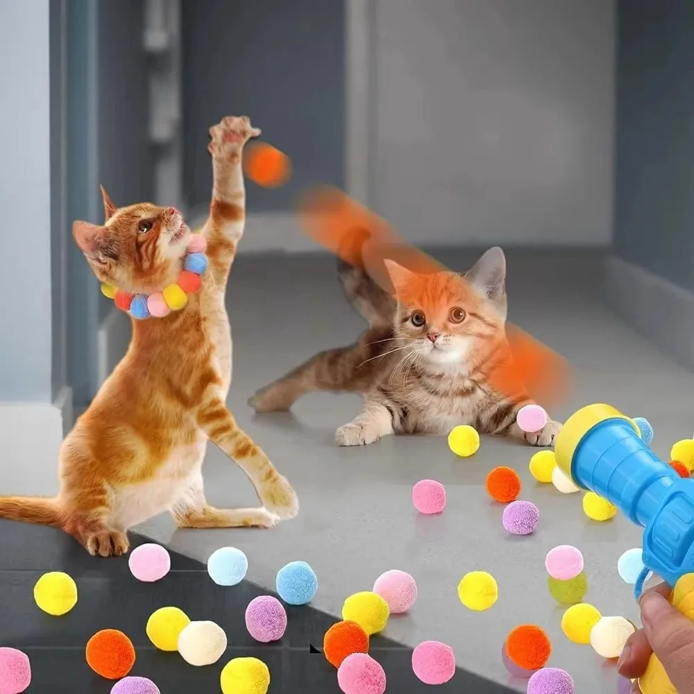 Cat Toy Ball Launcher Gun with 50-100Pc Pom Pom Plush Balls Interactive Fetch Shooting Gun for Cats 1005009107137216