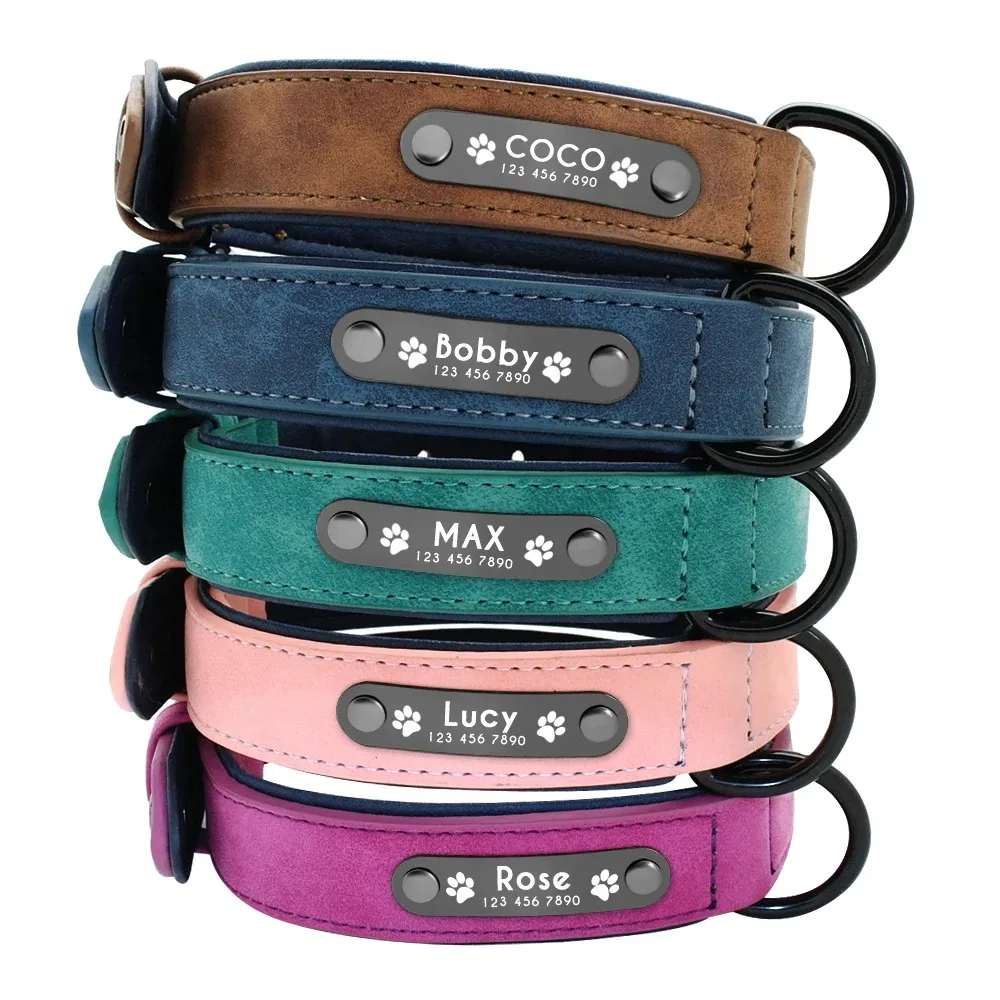 Personalized Name ID Tags Dog Collars Custom Text Name Leather Dog Collar for Small Medium Large 1005009110963826
