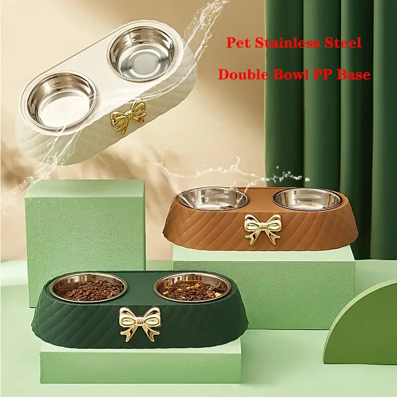 Pet Cat Food Bowl PP Base Bow-Tie Bowknot Feeder Stainless Steel Double Dog Feeding Drinking 1005009131224553