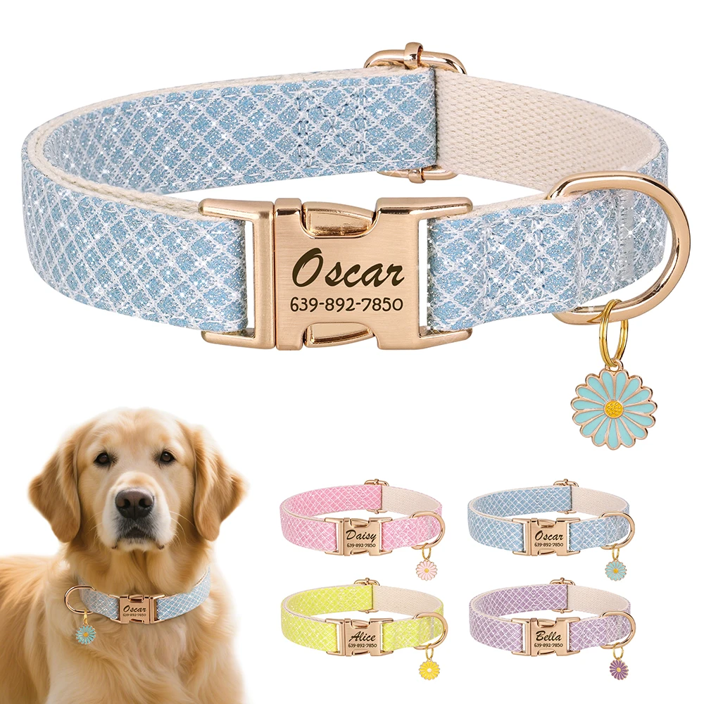 Custom Bling Nylon Dog Collar Free Engraved Puppy Dog ID Name Collars with Cute Flower Tag 1005009278672437