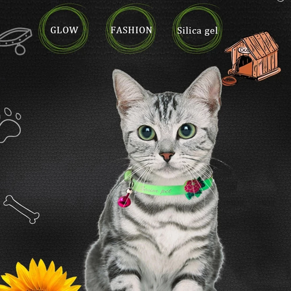 Luminous Cat Necklace Glowing Small Dog Cat Collar Anti-Loss Fluorescent Silicone Cat Bell Collar 1005009346053453