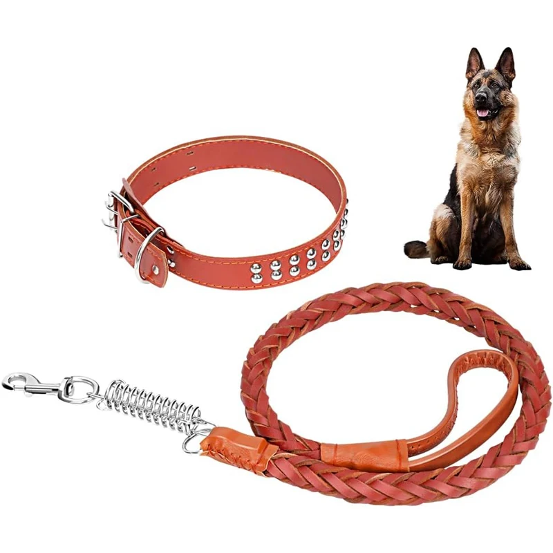 Cowhide Collar+leash Strong Real Big Dog Collar High Leather Braided Dog with Buffer Spring Pet 1005009391068875