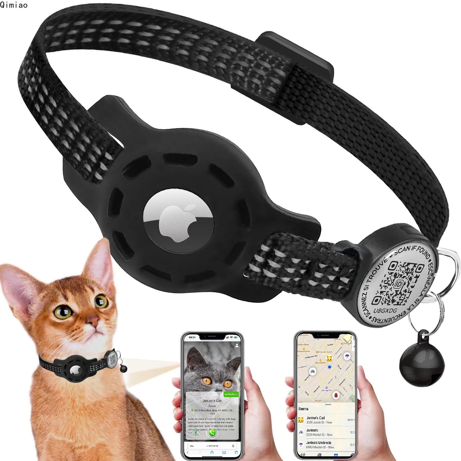 Cat GPS Collar with QR Code Tag & Airtag Case Reflective Apple Tag Cats Collar for Tracker Pet 1005009416678148