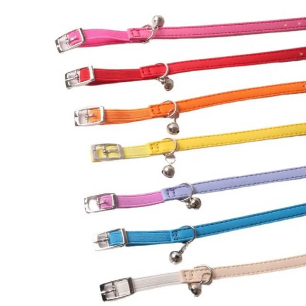 Small Cat Collar Elastic Webbing Macaron Color Pet with Bells Adjustable PU Leather for Puppies 1005009426729416