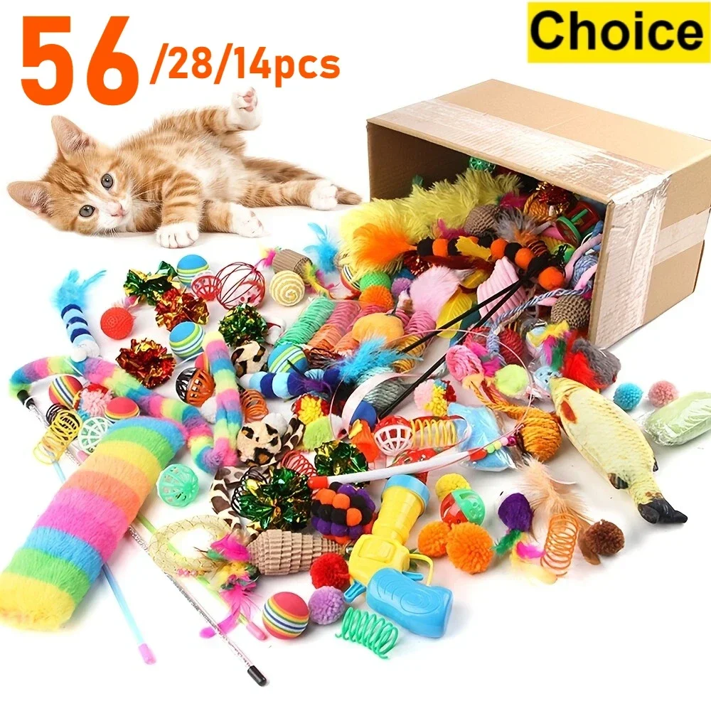 56pcs/28pcs/14pcs Cat Toys Mixed Pack. a Combination of Various Plastic Toys and Plush Toys 1005009427671047