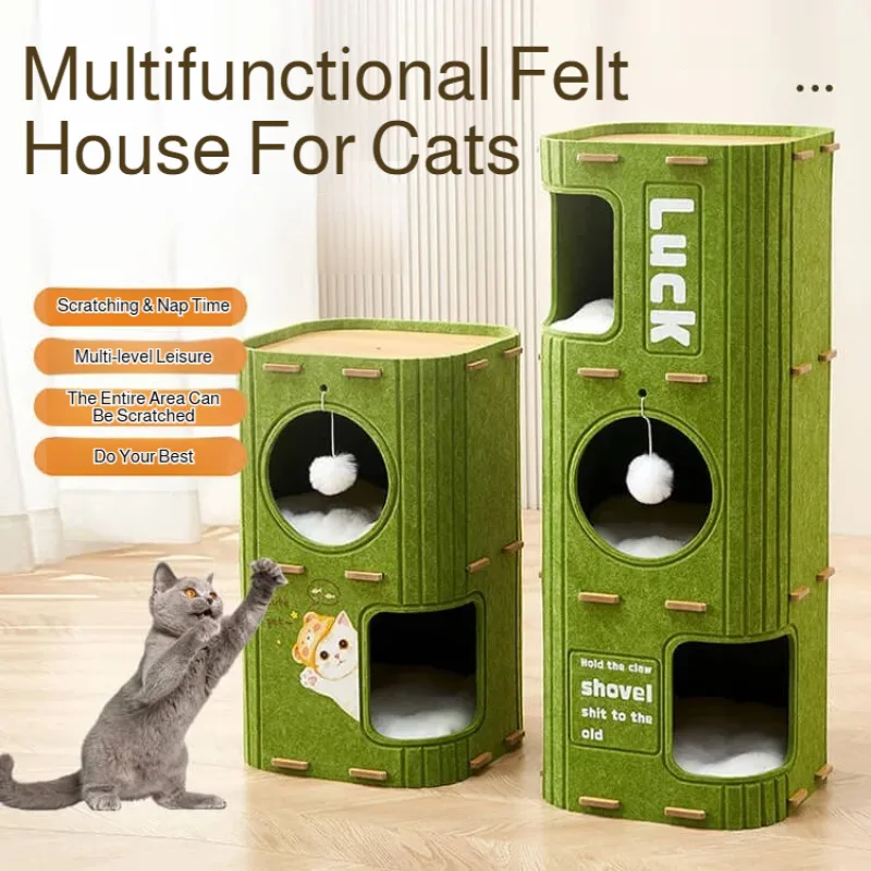Winter Double Enclosed Cat House Integrated Tree Hole Thickened Felt Cat Litter Multilayer 1005009477701528