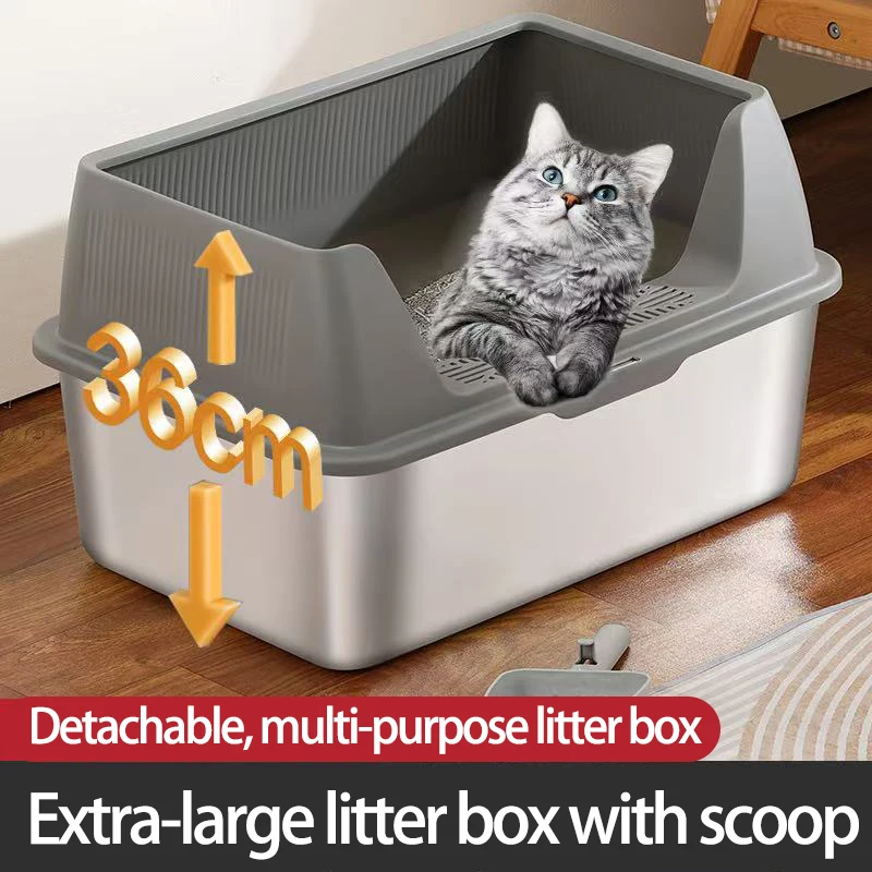 Stainless Steel Litter Box with Litter Spade Lid High Side Suitable for Large Cats Non-Stick Leak 1005009632151311