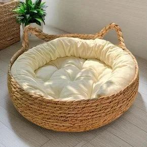 Rattan Weaving Cat Basket Bed with Soft Cushion Round Donut Design Cozy Warm Comfortable Sleeping 1005009656942864