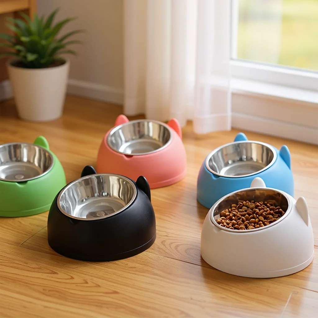 Elevated Stainless Steel Cat Bowl, Inclined Food & Water Dish with Cute Ear Stand (1pc) 1005009679643535
