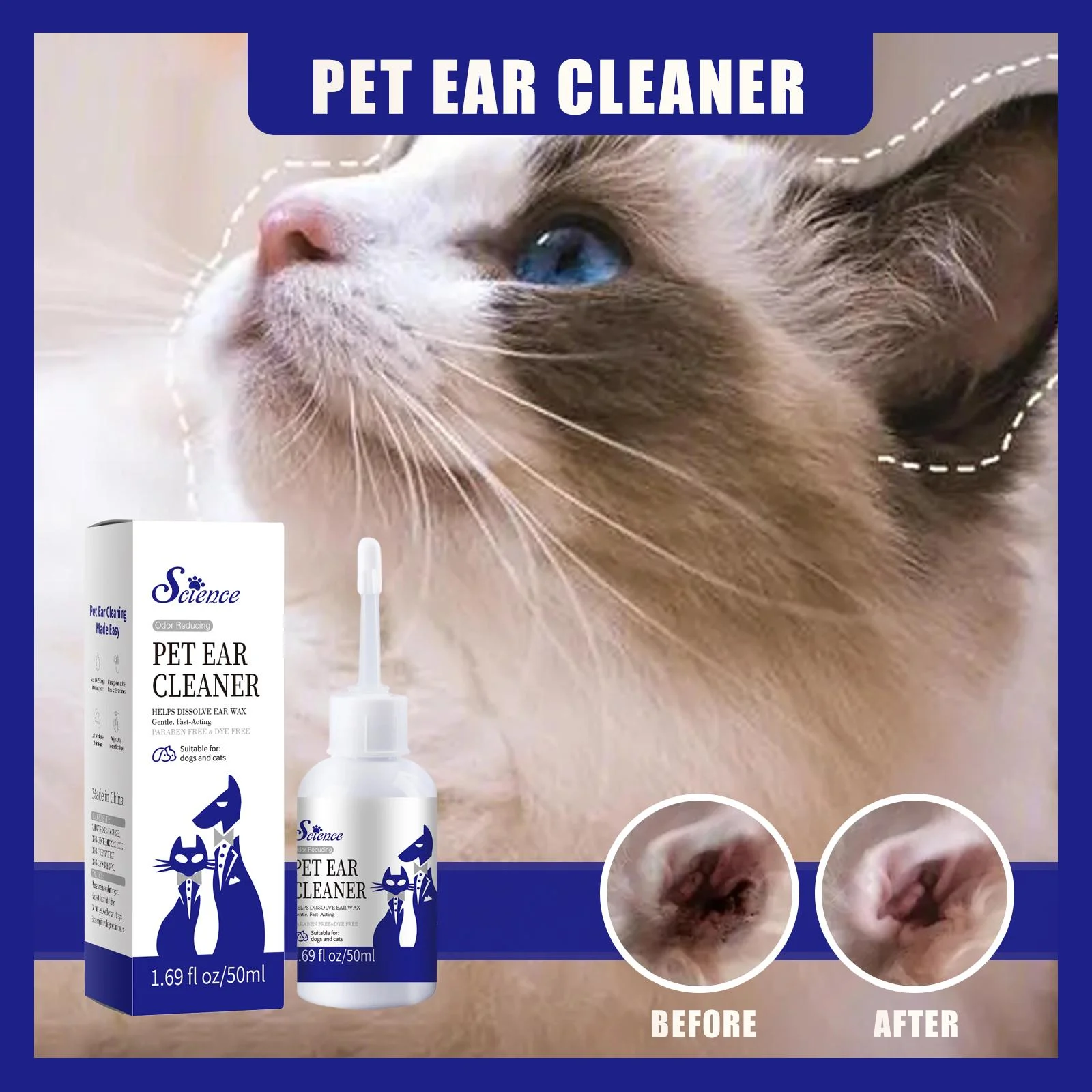 Pet Ear Drops Gentle Cleaning Ear Mites and Earwax in Cats & Dogs Inhibiting Ear Bacteria (50 ML) 1005009681253997