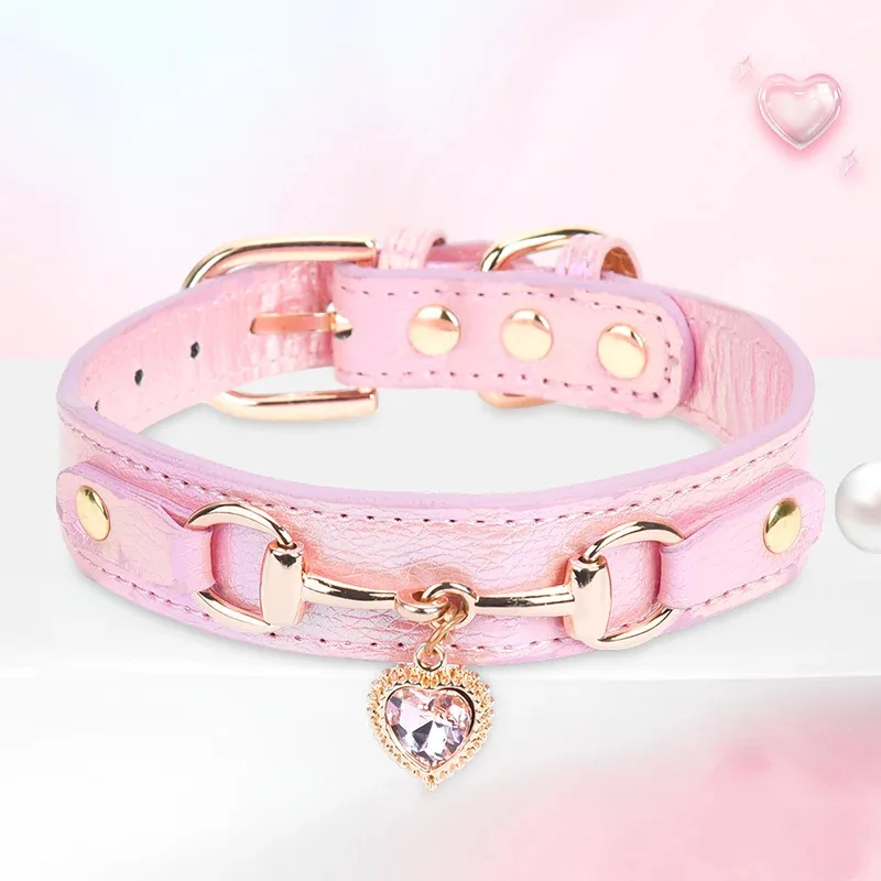 Fashion Leather Pet Collar Cat Sparkling Love Heart Decoration Adjustable Soft with Bell Cute Puppy 1005009700083430