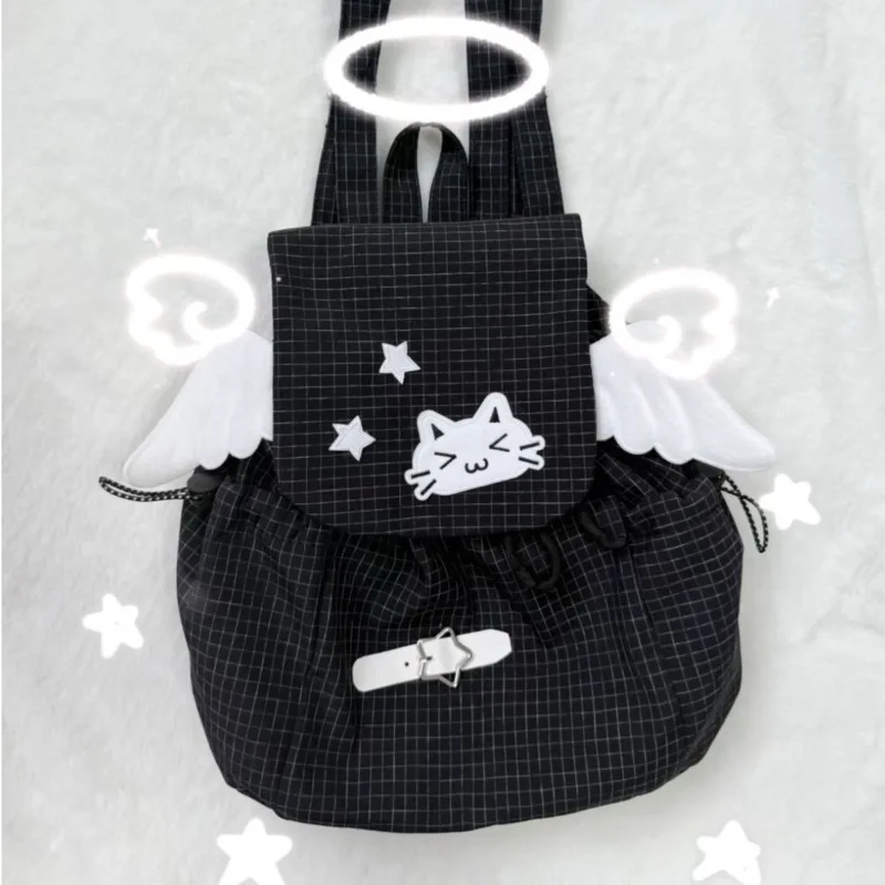 Embroidered Cat Backpack Black White Checkered Style Lightweight Cute Small Shoulders Versatile 1005009816345536