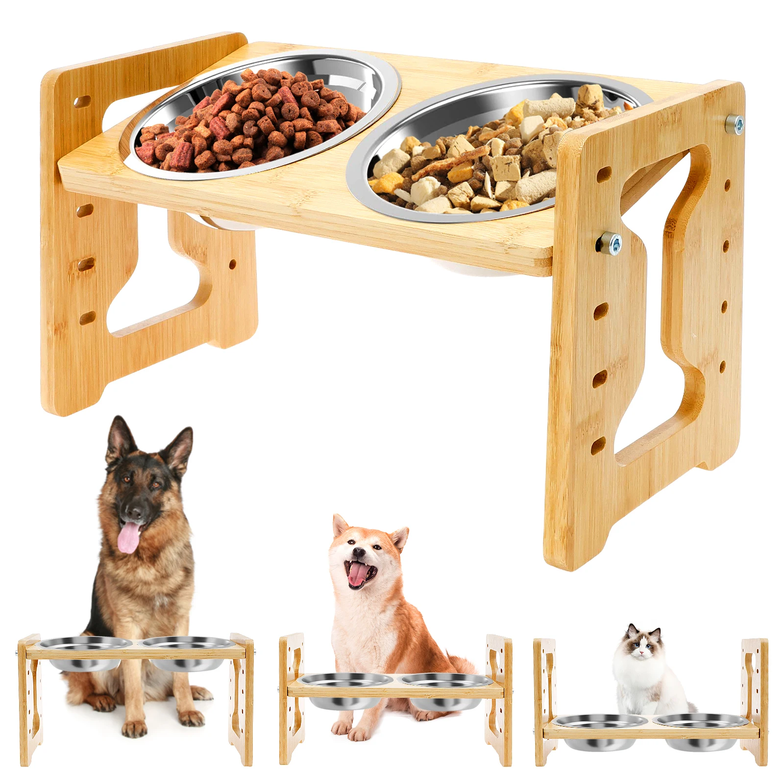 Wooden Elevated Cat Dog Feeder Bowl Stand with 2 Stainless Steel for Dry Wet Food Water 1005009918925813