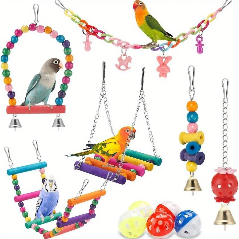 Parrot Toy Set Birdcage Accessories Stair Swing Hanging Ring Plastic Puzzle Ball Durable Safe (11Pcs) 1005009931915568