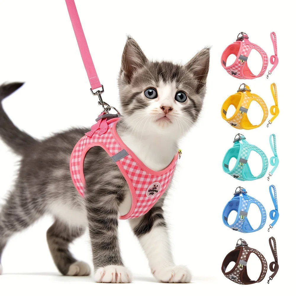 Checkered Pet Harness Cat Leash Small Dog Harness Kitten Outdoor Breathable Reflective Cat Chest 1005010031164810