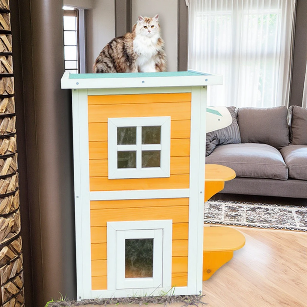 Outdoor 2-Story Weatherproof Wooden Cat House SDCH008 Yellow with Print Pattern Escape Door 1005010070326313