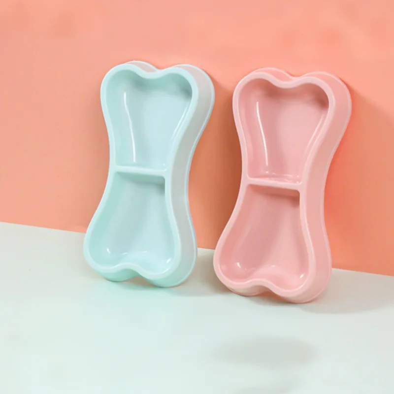 Household Pet Bowl Bone-Shaped Double Bowl Cat Bowl Dog Bowl Cute Durable Shatterproof Blue Pink 1005010103248510