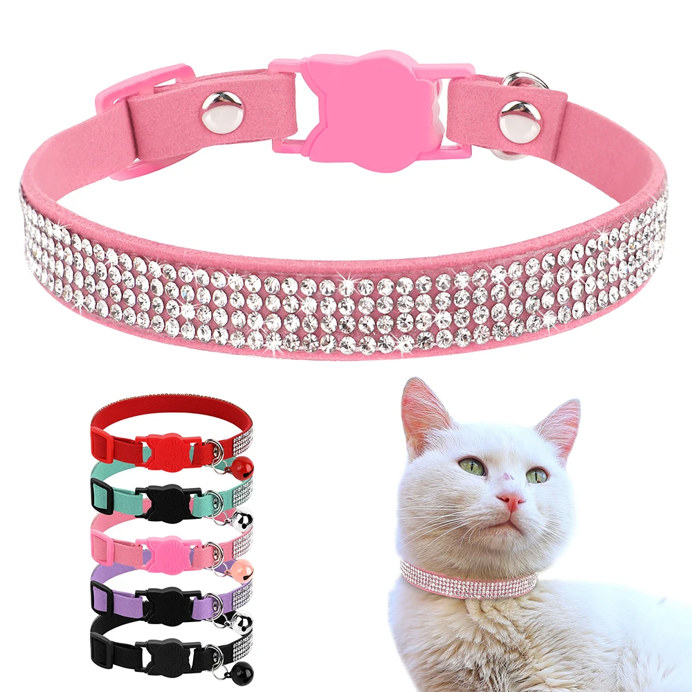 Soft Pink Suede Leather Cat Collar, Cute Bling Rhinestone Design 1005010128816565