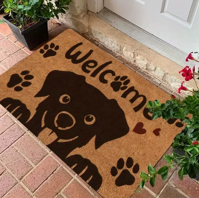 Black Dog-Themed Welcome Door Mat with Paw Prints Soft Polyester for Perfect Hallways Entryways 1005010303665872