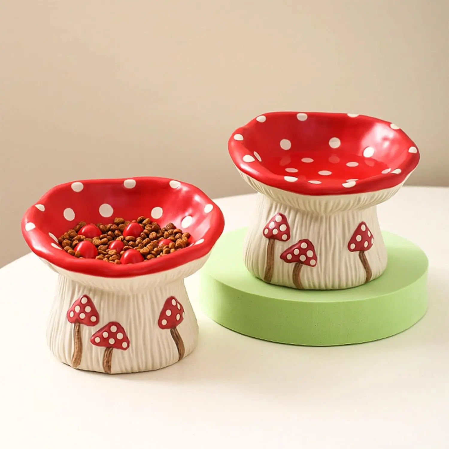 Ceramic Cat Bowl Pet Dish Mushroom Elevated Feeder Shallow Raised Water Fountain for Indoor Kitten 1005010334609697