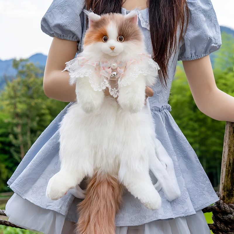 White Long-Haired Fluffy Cat Backpack Super Realistic Cat Cute Women's Backpacks Cartoon Handmade 1005010348674814