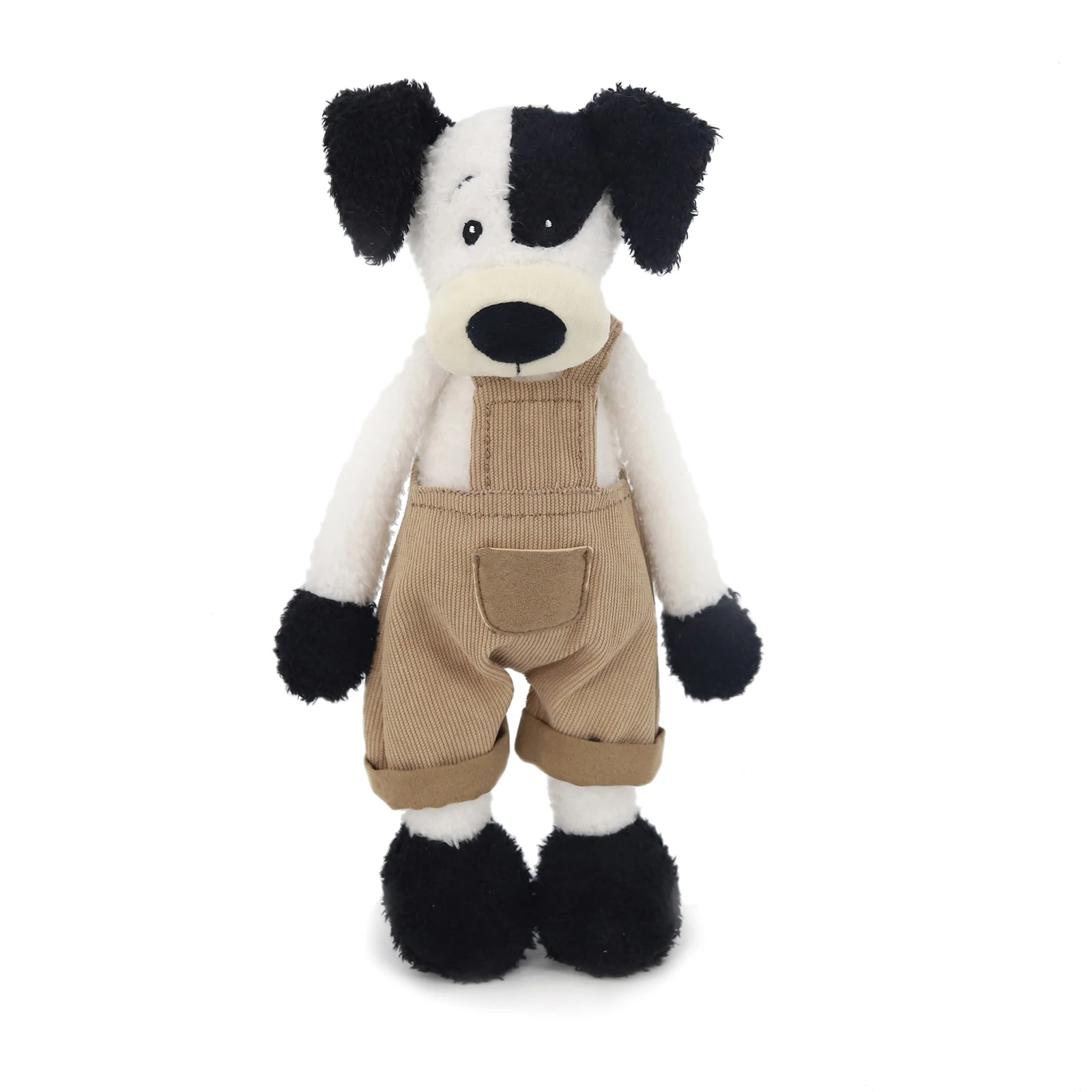 Black White Dog Plush Toy Soft Stuffed Animal with Khaki Overalls Doll Clothes Cute Decor Gift 1005010400214370