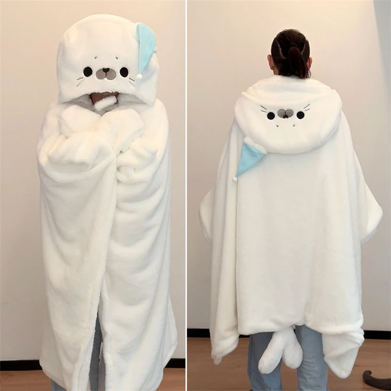 Cartoon Cute Seal Cat Hooded Blanket Plush Cloak for Winter Green Flannel Wearable Robe with Gloves 1005010407037282