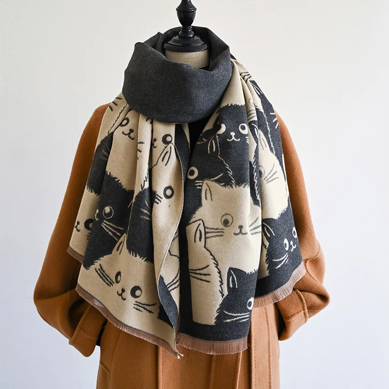New Fashion Brand Cute Cat Ladies' Jacquard Pashmina Cashmere Scarf Winter Thick Warmth Shawl 1005010463220943