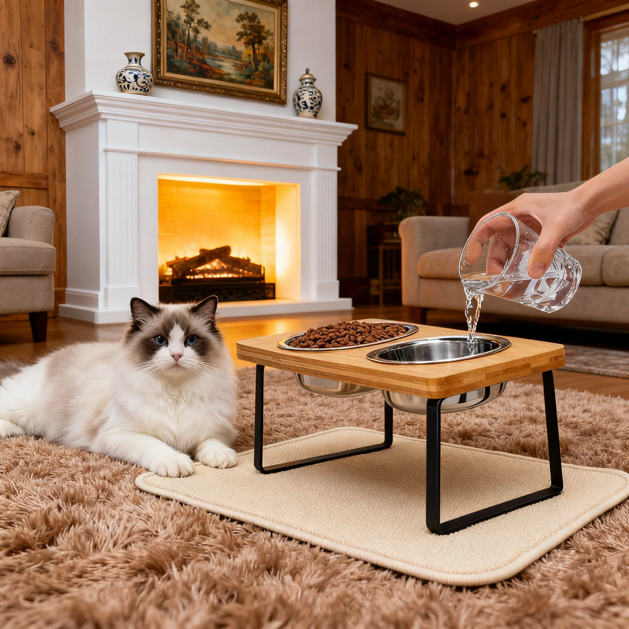 Elevated Cat Bowls 15° Tilted Raised Food with Wooden Stand Anti Vomiting 2 Stainless Steel 1005010491765302