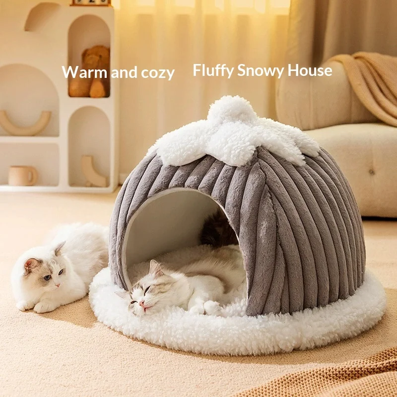 Winter Warm Semi Enclosed Plush Cat Bed Hooded Cave Thick Padded Removable Washable Cozy Calming 1005010679344303