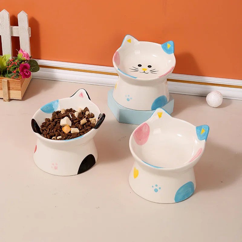 Elevated Cat Food Dish, Ceramic, Raised Feeding Station, Shallow for Whiskers, Dishwasher Safe (1PC) 1005010690697531