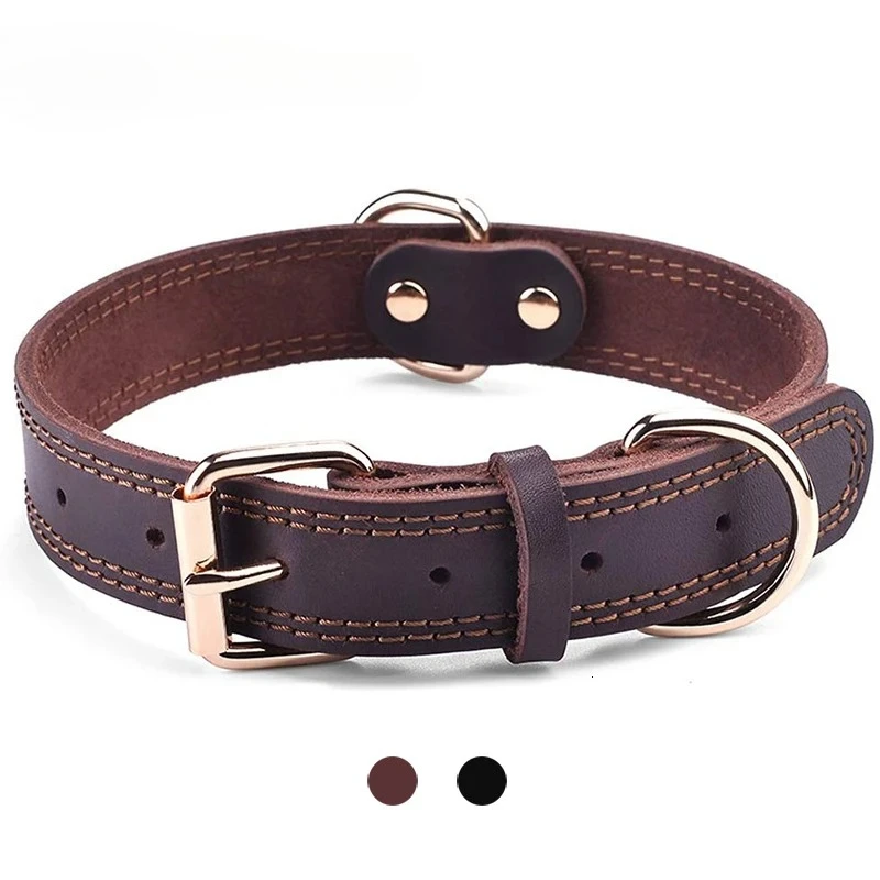 Quality Genuine Leather Dog Collar Durable Vintage Heavy-Duty Rustproof Double D-Ring Pet Collar 1005010738780303