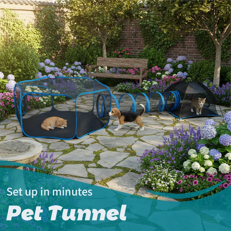 Portable Mesh Pet Fence Playhouse Multi-Animal Cage with Tunnel Indoor Outdoor Easy Setup (3 In-1) 1005010812818804
