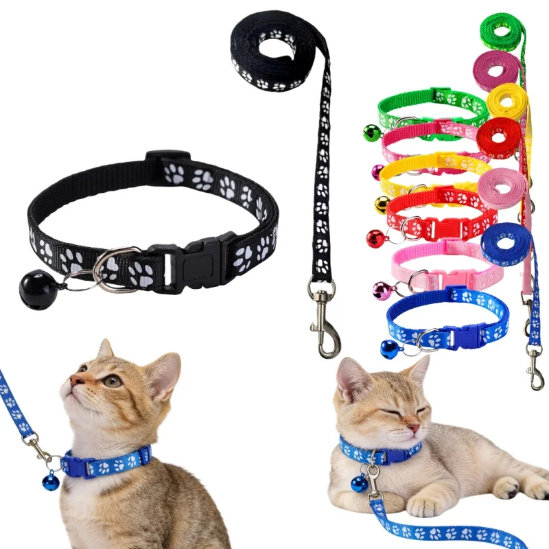 Bell Collar and Leash Set Cat Cartoon Paw Dog Collars Accessories Kitten Adjustable Ring Necklace 1005011535529489